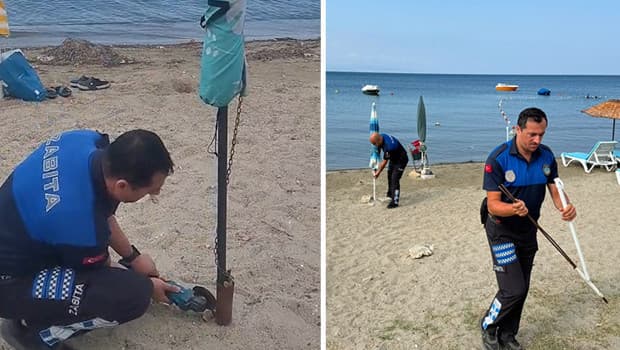 Halk plajındaki zincirli şezlonglara zabıta müdahalesi